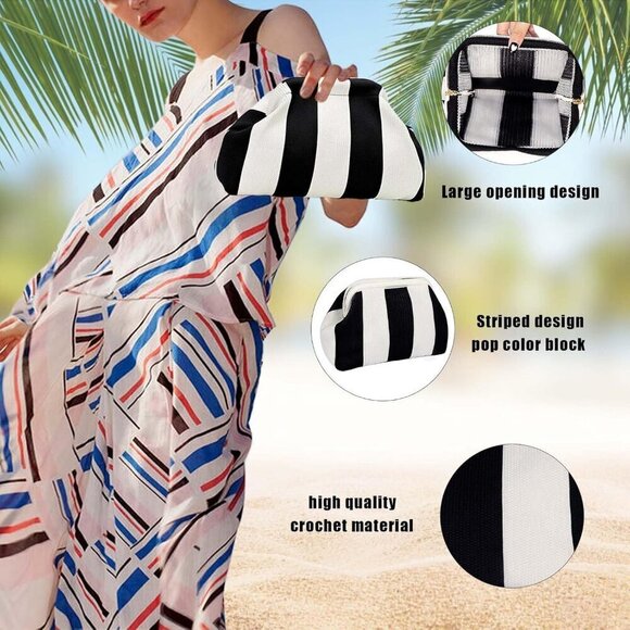 🆕Women' Black White Crochet Striped Beach Clutch Ruched Dumpling Handbag Wallet - Picture 3 of 7